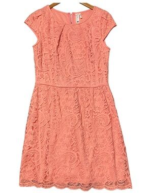 Pink Owl Lace Dress Coral Pink Fit Flare Cap Sleeve Size L